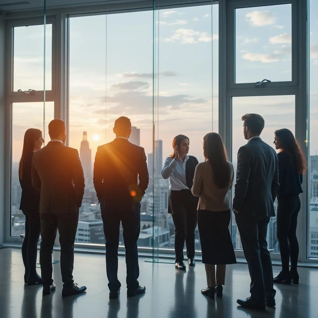 Oficina de consultoría moderna con equipo profesional reunido